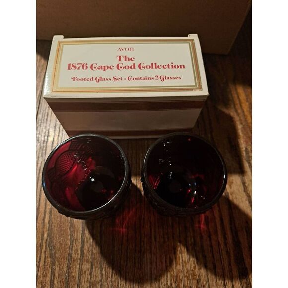 Vintage 1988 Avon Cape Cod Ruby Red Glassware Footed Glasses Set of 2 w/ Box NOS - Picture 2 of 4